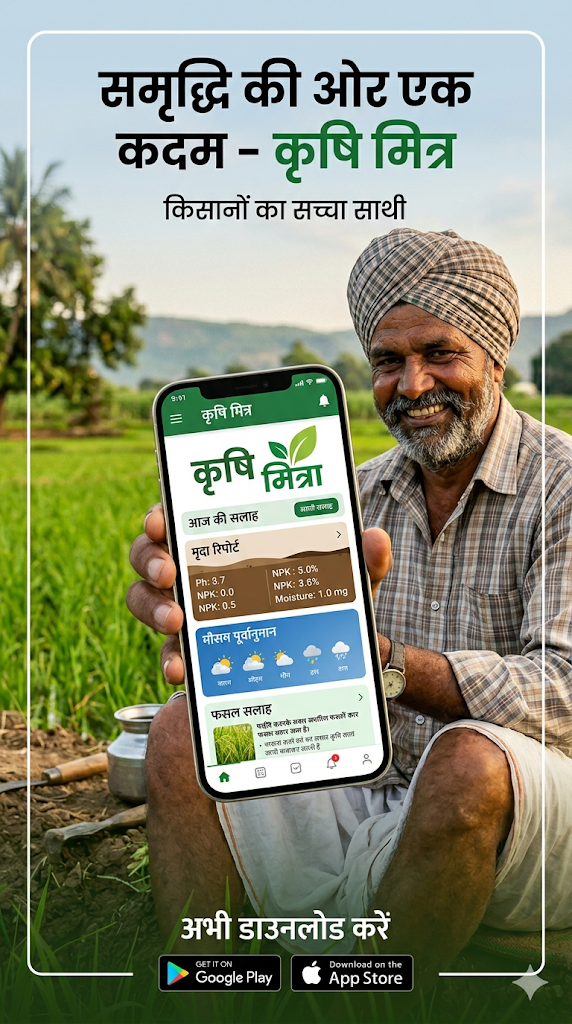 Farmer happily using AI Krishi on a smartphone in a paddy field